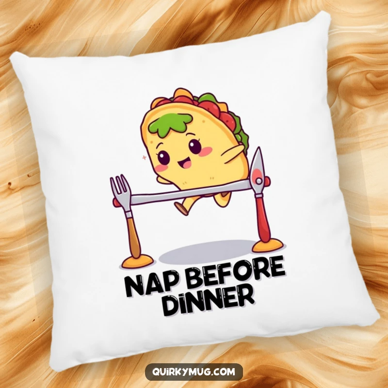 Funny Kawaii taco character mid-air, jumping over a hurdle made of cutlery on a pillow, looking athletic.