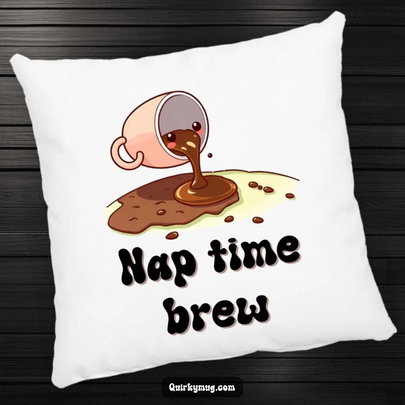 Funny Kawaii coffee cup character spilling a tiny amount of coffee on a vast landscape on a pillow, looking slightly embarrassed.