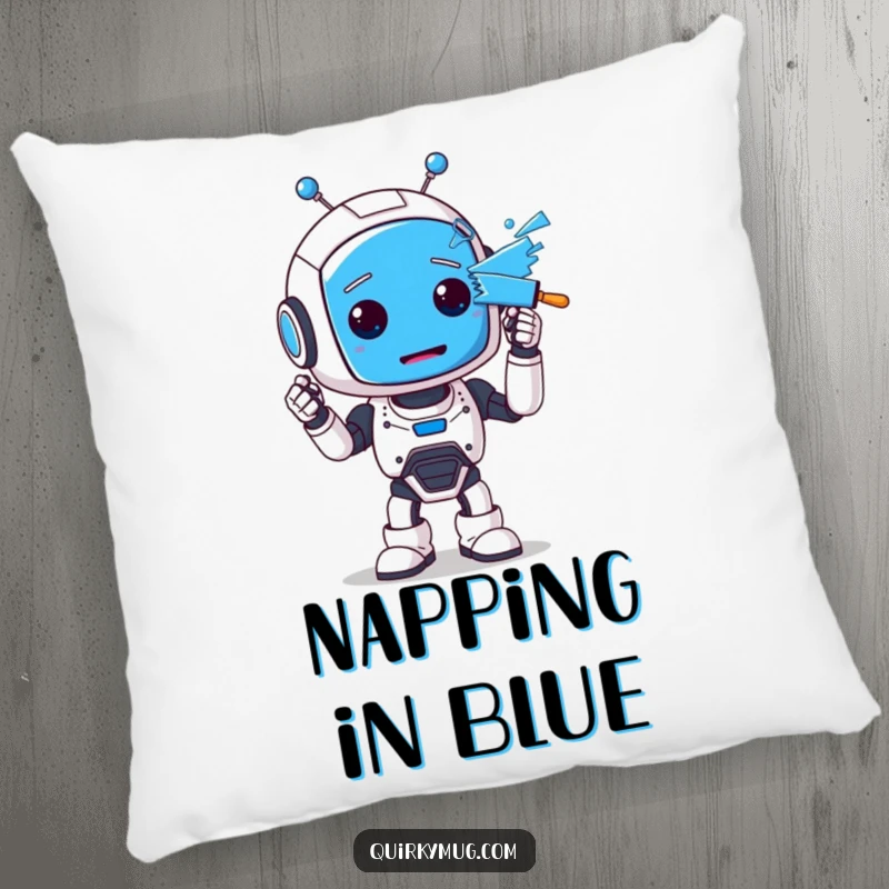 Funny pillow depicting a cute, clumsy robot character whose entire face is covered in bright blue paint, looking adorably shocked.
