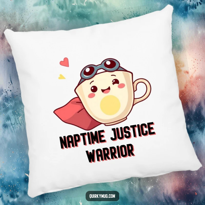 Funny pillow featuring a joyous teacup wearing a superhero cape, dramatically flying sideways with uncontainable excitement.