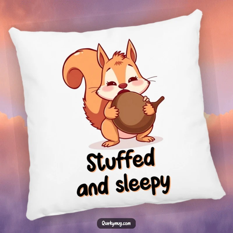 Funny squirrel character resting on a plush pillow, looking surprised with a giant acorn stuck mid-swallow.