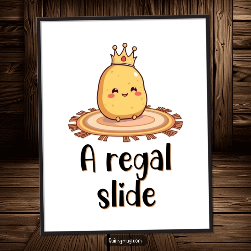 Funny digital art print of a smiling potato with a crown, sliding on a rug, perfect for decor.