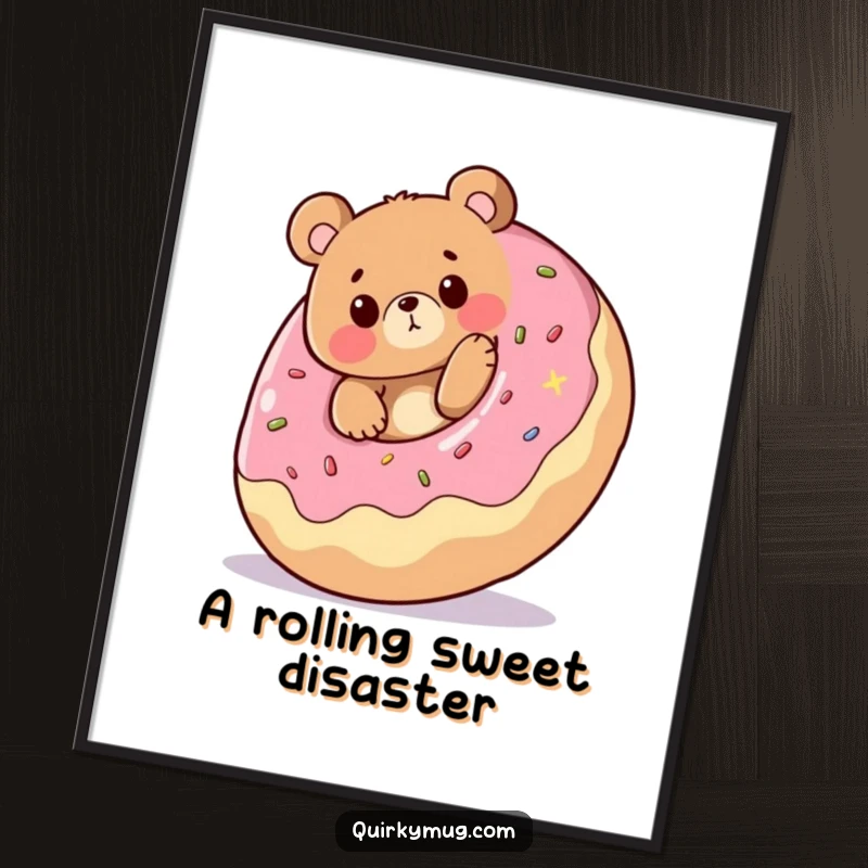 Funny digital art: Cheerful bear character tripping over a giant rolling donut, expressing surprise, a downloadable funny gift.