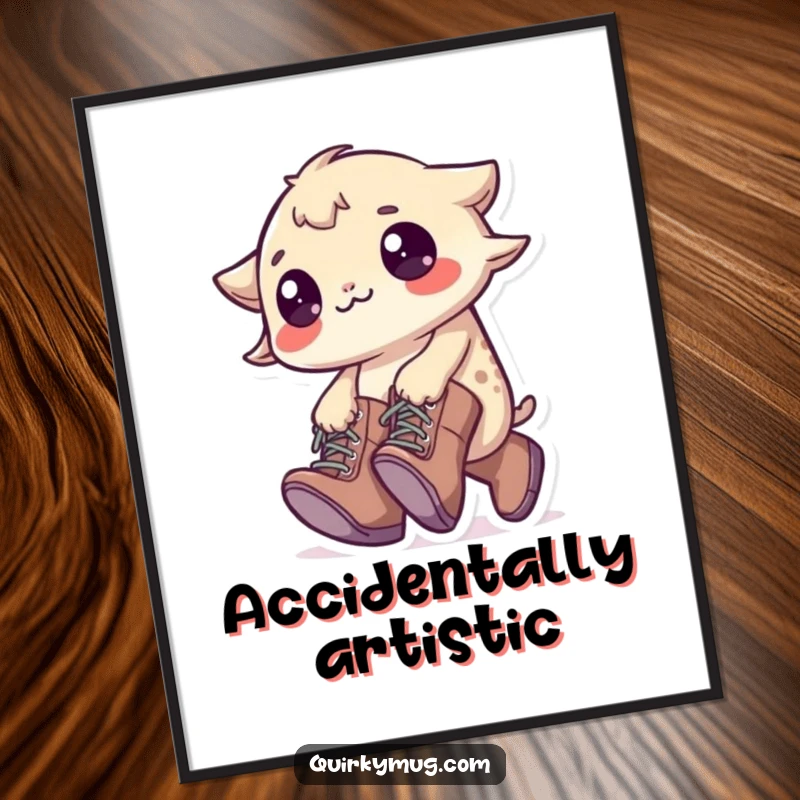 Funny Tripping Creature Art Print: A little creature in oversized boots tripping over its feet, ready for instant download.