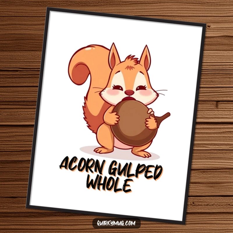 Funny surprised squirrel character with bulging cheeks, accidentally swallowing a massive acorn, captured in a vibrant digital art print.