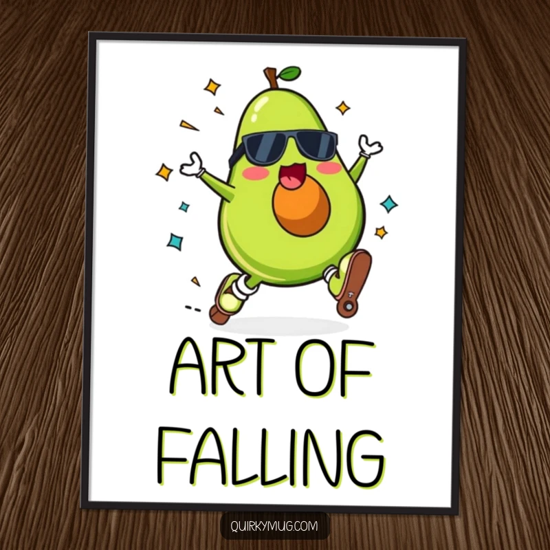 Funny Kawaii avocado character on digital art, roller skating and falling spectacularly with a surprised expression.