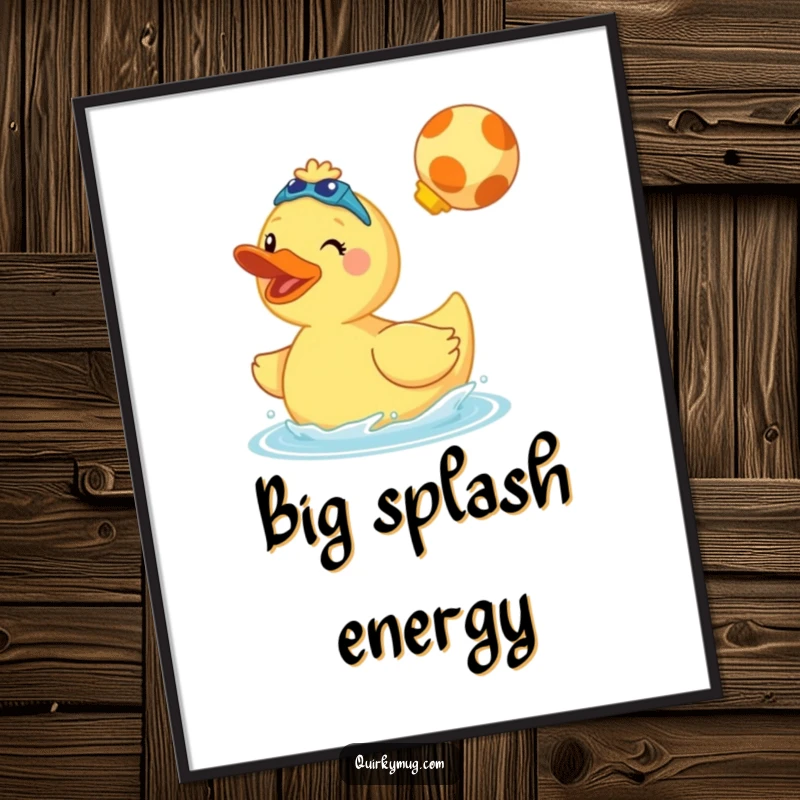 Funny digital art of a cheerful giant rubber duck wearing swim fins and doing a cannonball splash.
