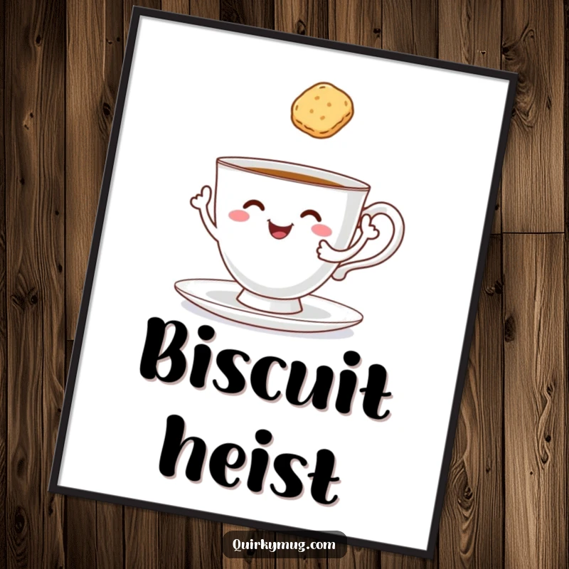 Funny cheerful teacup with arms attempting to serve itself a floating biscuit, digital art print.