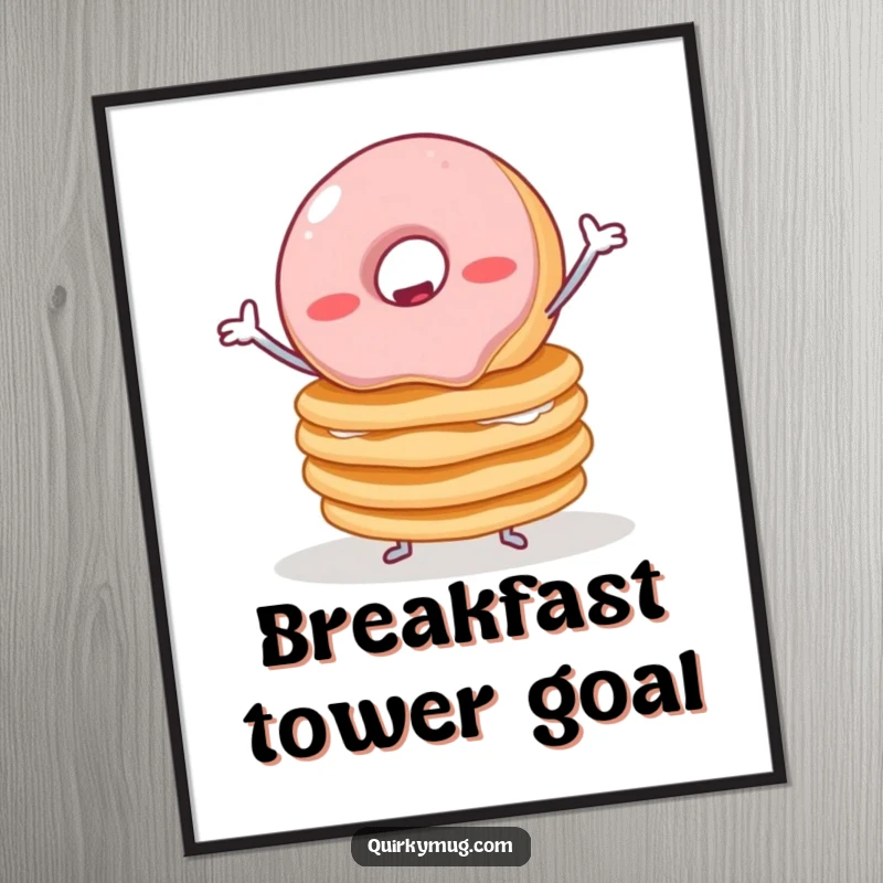 Funny digital art print of a wobbly jelly donut with tiny arms struggling to balance a stack of pancakes, creating a humorous breakfast tableau.
