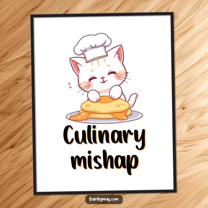 Funny cat chef digital art print, cute cat in a chef hat with a pancake on its head, humorous kitchen art.