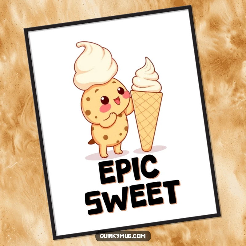 Funny Kawaii cookie character reaching up to lick a huge ice cream cone on digital art, looking determined.