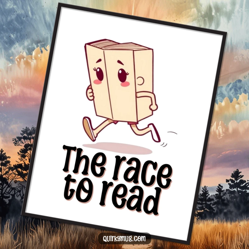 Funny digital art print of a book character with arms and legs running a race, perfect for humorous and literary decor.