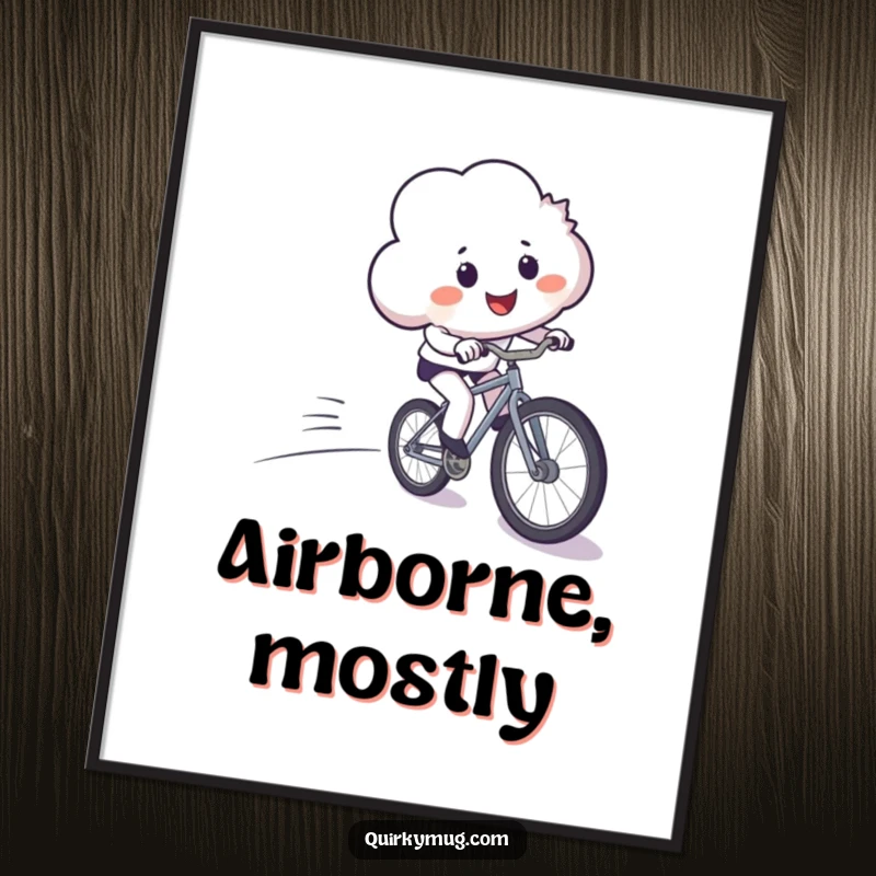 Funny digital art print of a smiling cloud comically losing control on a bicycle, instant humorous decor.
