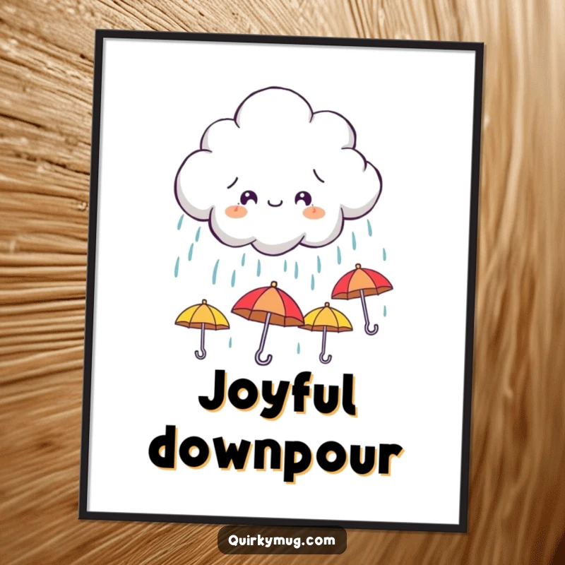 Funny digital art print of a mischievous cloud character playfully raining down miniature, smiling umbrellas, creating a cheerful and whimsical scene.