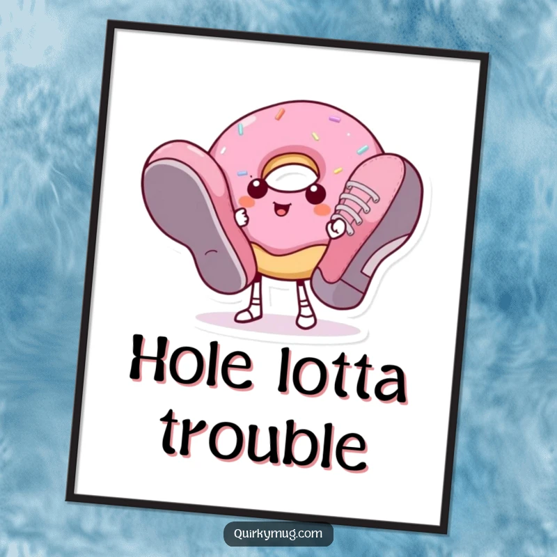 Funny donut character attempting to wear enormous shoes, digitally rendered for instant art download.