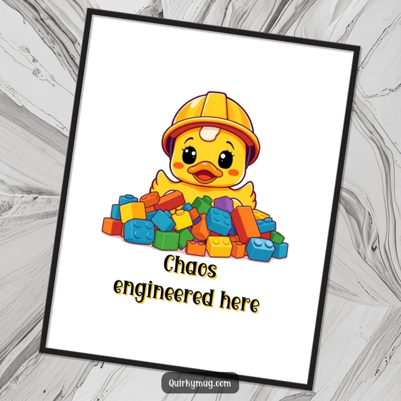 Funny surprised rubber ducky in construction helmet bewildered by LEGO bricks, instant humorous digital art.