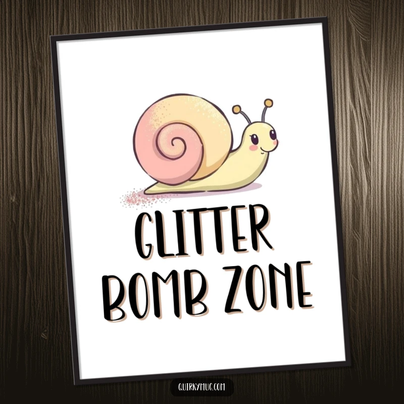 Funny Digital Art Print of a joyful snail character with a glittering trail, perfect for instant humorous decor.
