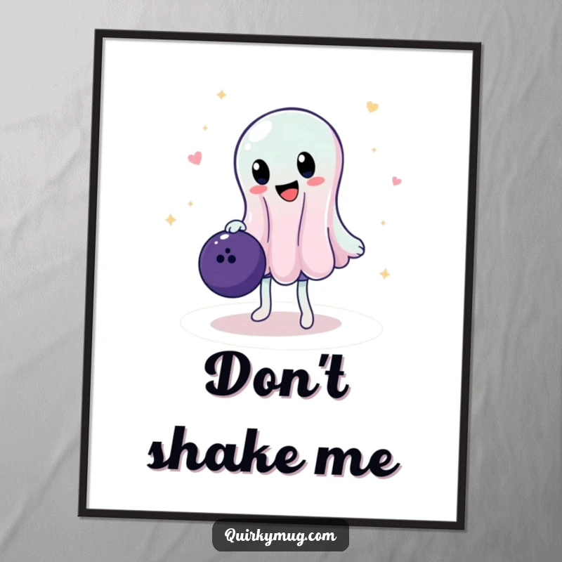 Funny digital art print of a wobbly, translucent jelly character precariously balancing a large bowling ball, capturing a moment of intense, comical effort.