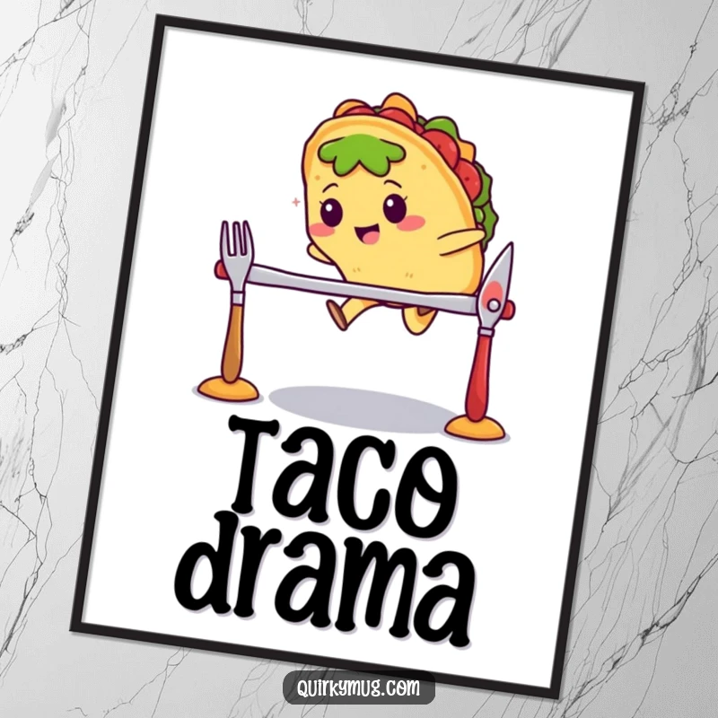 Funny Kawaii taco character mid-air, jumping over a hurdle made of cutlery on digital art, looking athletic.