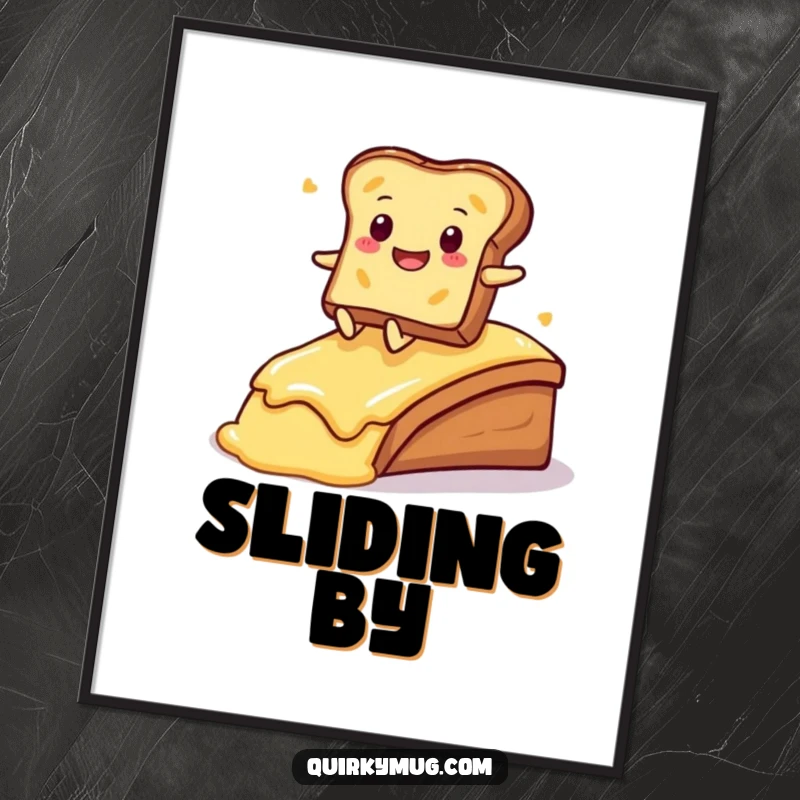 Funny Kawaii toast character sliding down a buttered ramp, rendered in vibrant digital art for instant download.