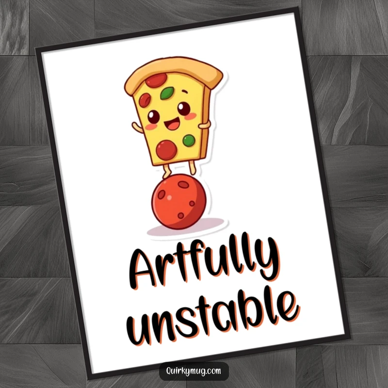 Funny digital art print of a pizza slice character balancing on a pepperoni, perfect for kitchens.