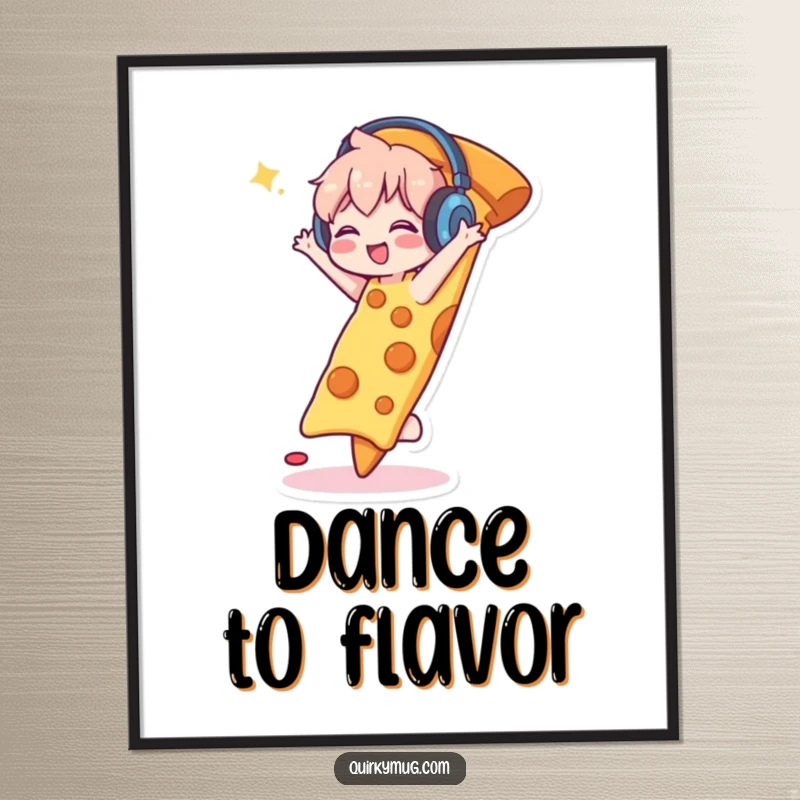 Funny digital art print of a cute character wearing headphones, happily dancing on a giant slice of pizza, embodying pure celebration.