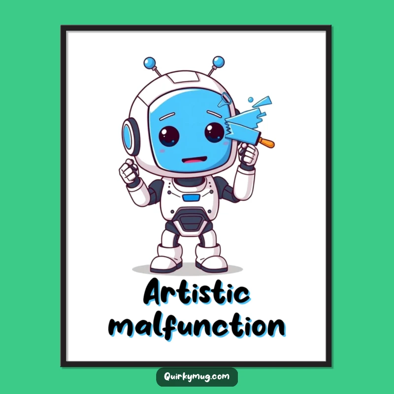 Funny Robot Digital Art: Blue Face Mishap, Instant Gift!