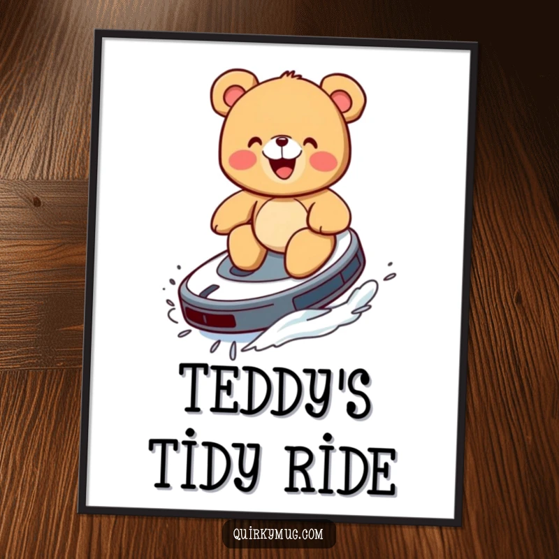 Funny digital art of a giggling teddy bear attempting to surf on a robotic vacuum cleaner like a surfboard.