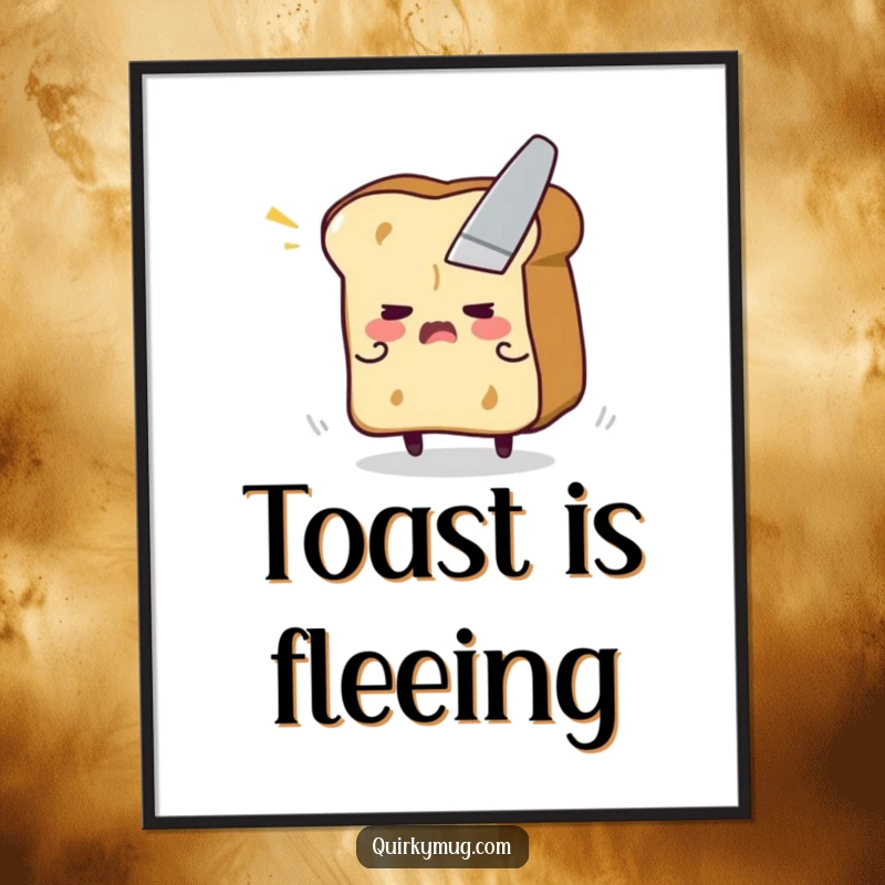 Funny digital art print of a flustered toast character in a panic, trying to escape a butter knife, breakfast theme.