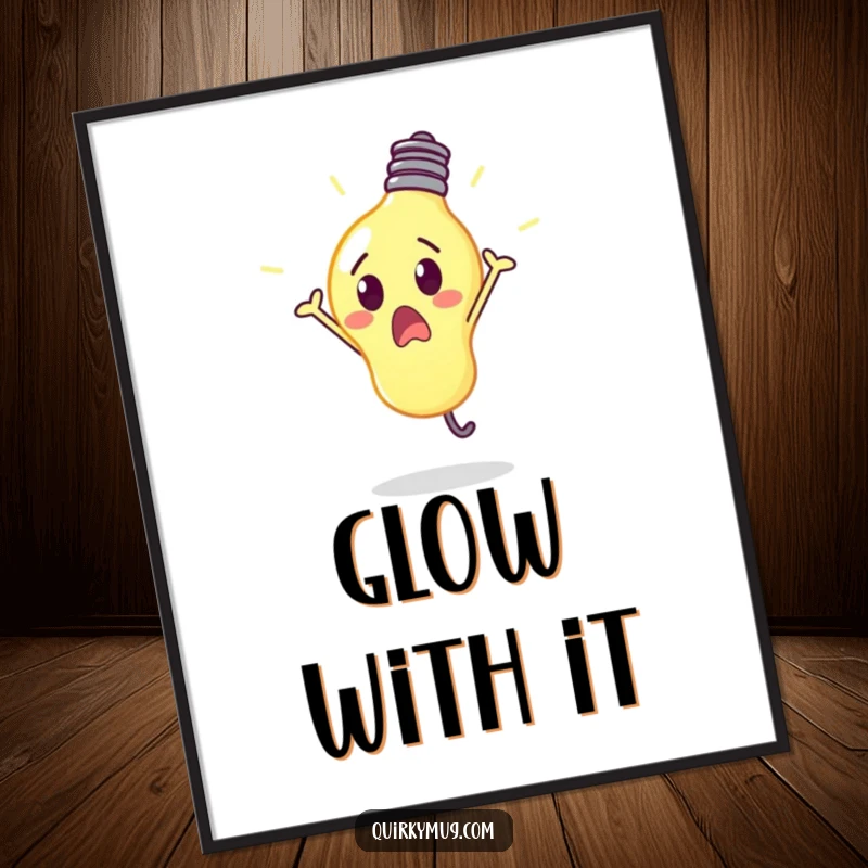 Funny surprised lightbulb glowing intensely while performing a cartwheel, available as a high-resolution digital art print.