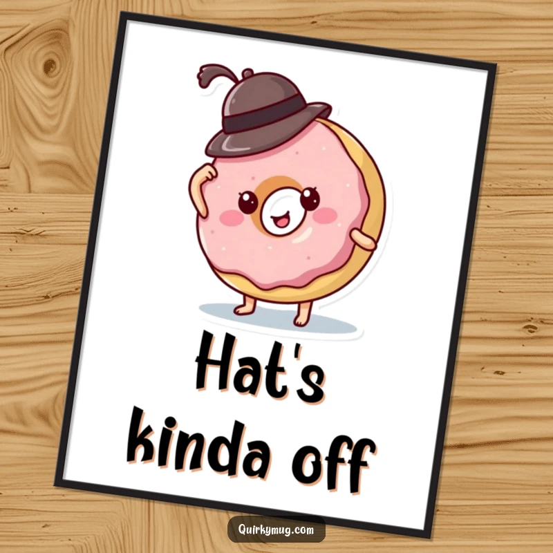 Funny donut character hilariously failing to wear a tiny hat, available as a high-resolution digital art print.