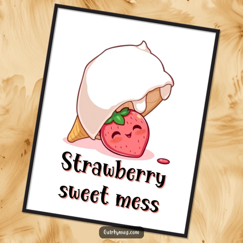 Funny digital art print of a shy, blushing strawberry character peeking out from under a giant overturned ice cream cone, exuding cuteness.