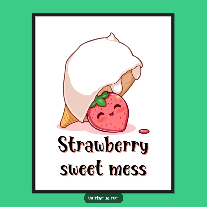 Funny Strawberry Ice Cream Digital Art: Adorable Printable Decor for Instant Sweetness