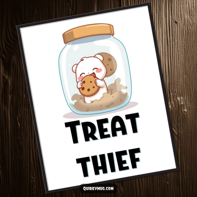Funny digital art print of a small creature gleefully attempting to sneak a cookie from an enormous cookie jar, a whimsical and humorous wall decoration.