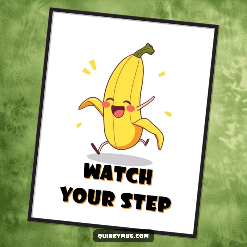 Funny Banana Peel Digital Art Print: A delighted banana peel character performs an exaggerated pratfall, a humorous and fun piece for wall decor.