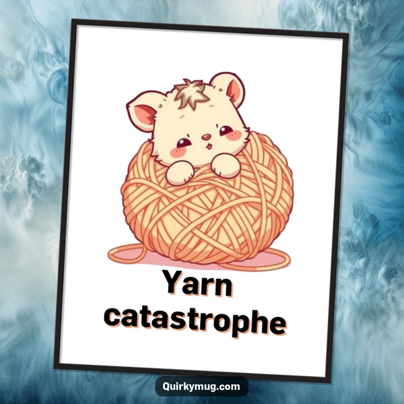 Funny Yarn Animal Art Print: A cute animal character tangled in a car-sized ball of yarn, ready for instant download.