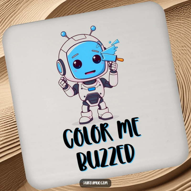 Funny drink coaster with a clumsy robot character whose face is entirely blue from paint, adding a touch of playful art.