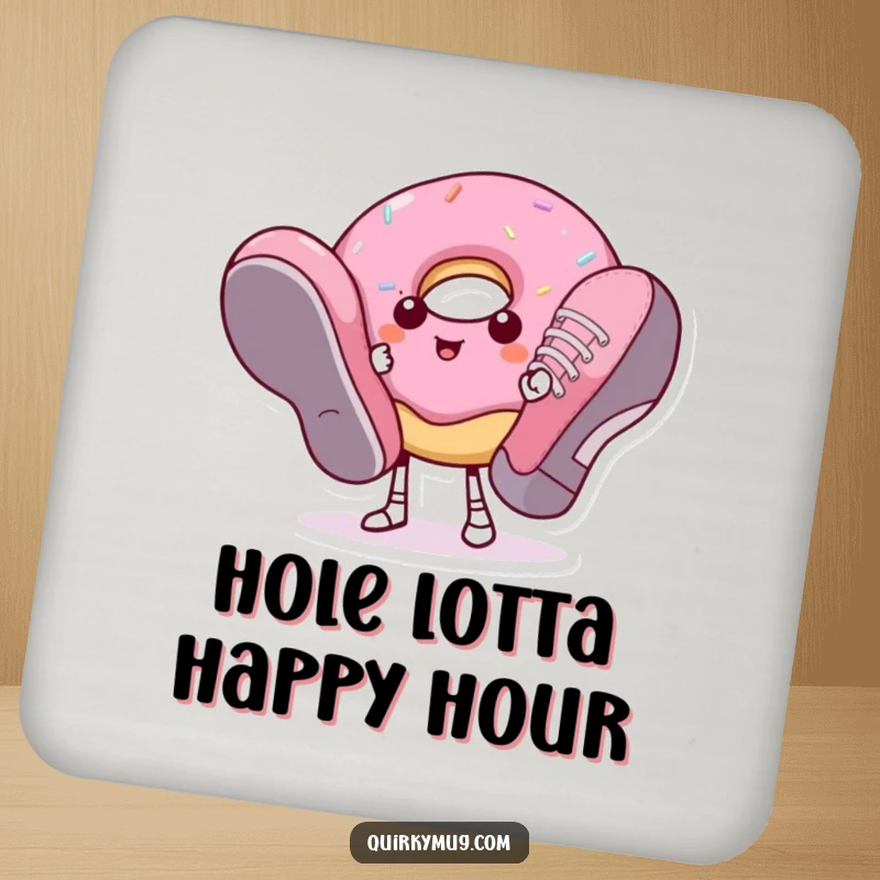 Funny donut character in oversized shoes, featured on a round drink coaster.