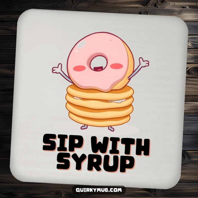 Funny drink coaster featuring a wobbly jelly donut with tiny arms trying to balance pancakes, ideal for protecting tabletops.