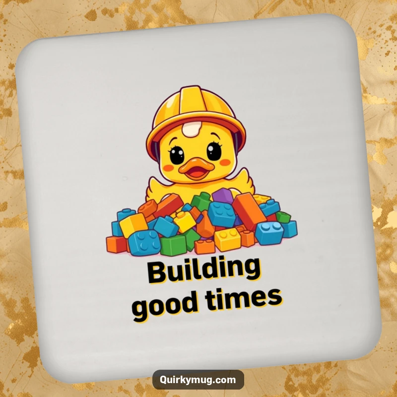 Funny construction helmet rubber ducky bewildered by LEGO bricks, a humorous drink coaster.