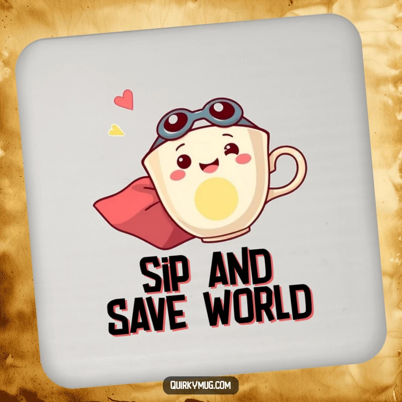 Funny drink coaster featuring a smiling teacup superhero, flying sideways with infectious excitement and energy.