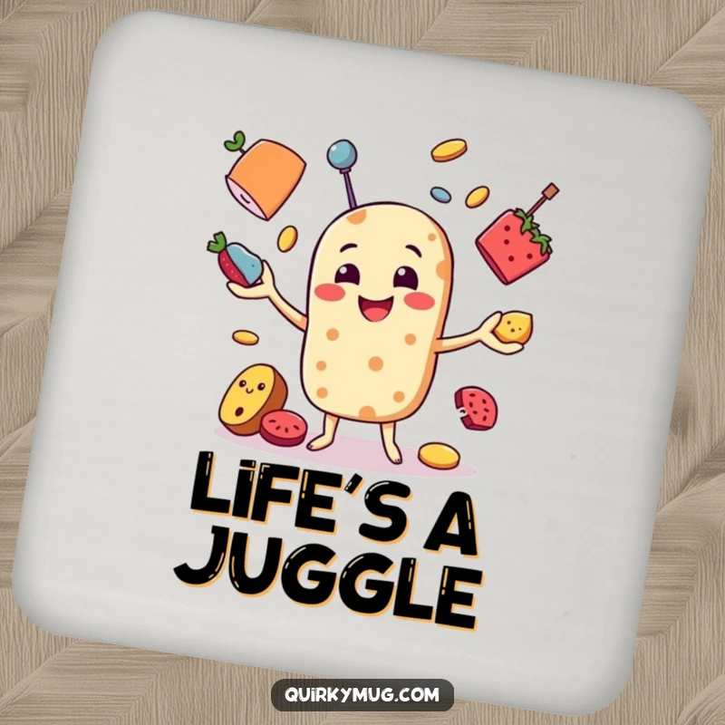 Funny drink coaster displaying a smiling food character in the act of juggling various items, adding humor to drink service.