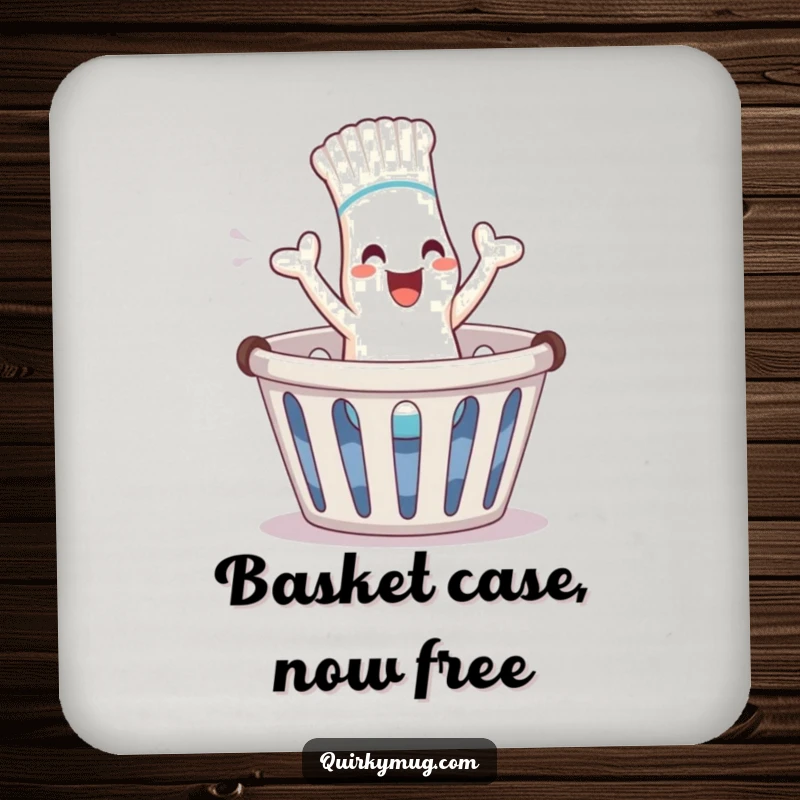 Funny sock character hopping out of a laundry basket on a protective drink coaster, great funny gift.