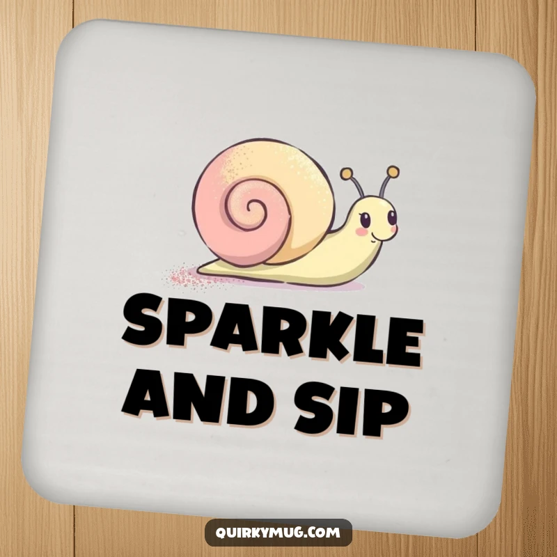 Funny Coasters featuring a happy snail character leaving a glitter trail, adding humor and sparkle to drink service.
