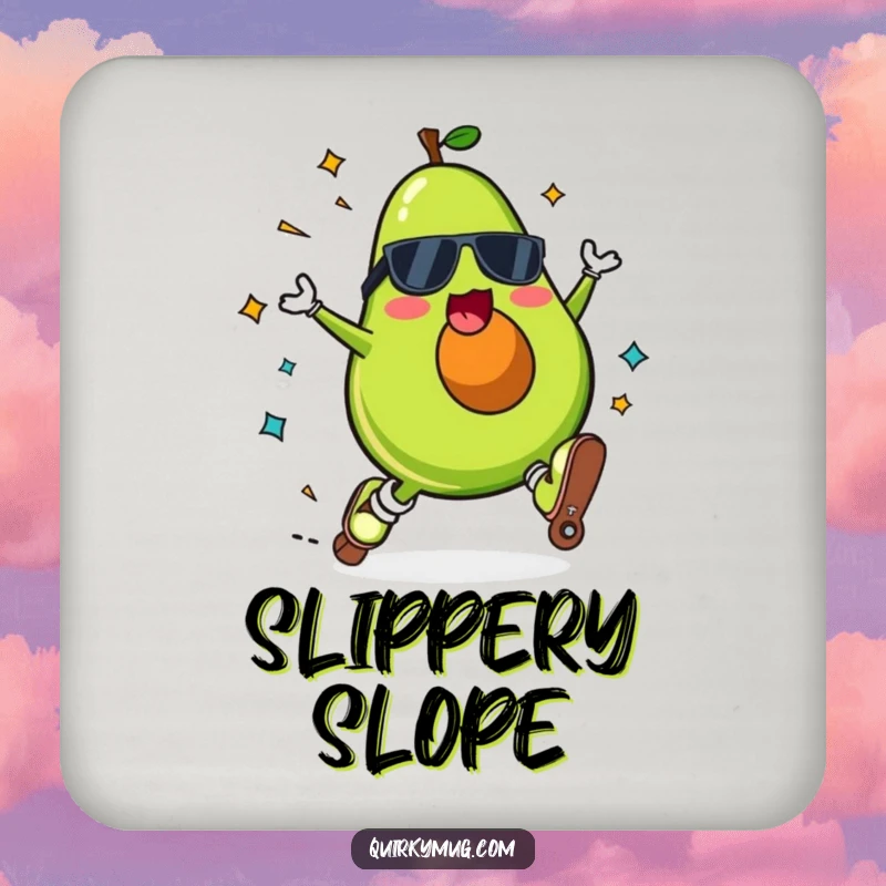 Funny Kawaii avocado character on a drink coaster, roller skating and falling spectacularly with a surprised expression.