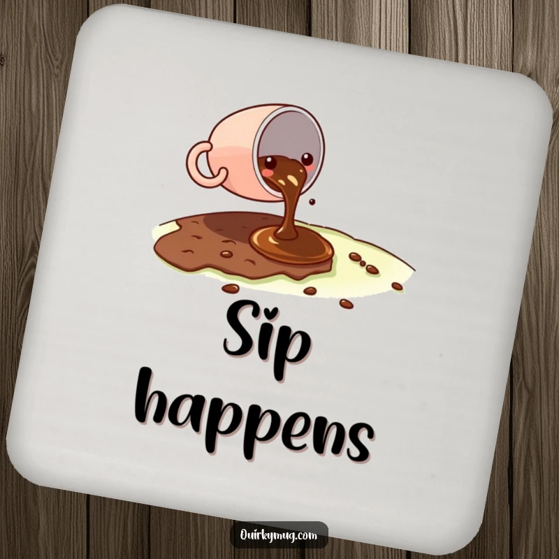 Funny Kawaii coffee cup character spilling a tiny amount of coffee on a vast landscape on a drink coaster, looking slightly embarrassed.