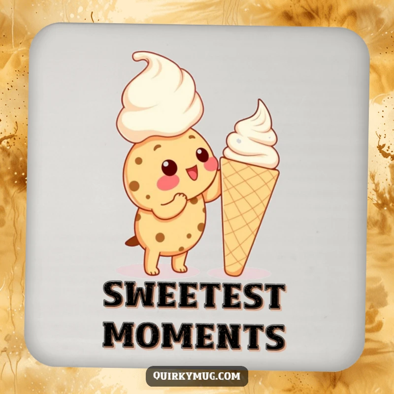 Funny Kawaii cookie character reaching up to lick a huge ice cream cone on a drink coaster, looking determined.
