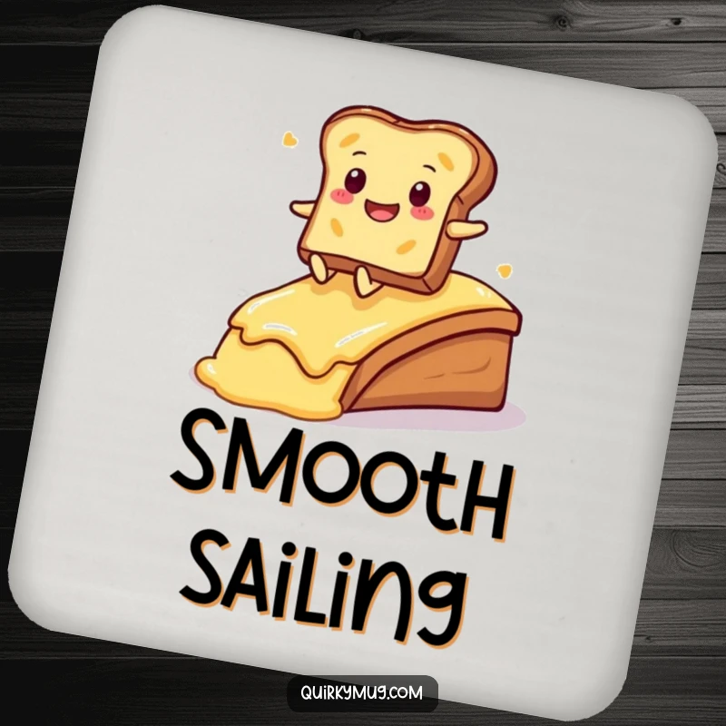 Funny Kawaii toast character sliding gleefully down a buttered ramp on this protective drink coaster.