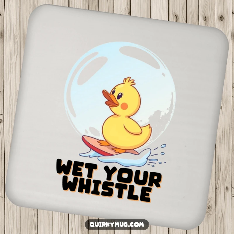 Funny rubber duck comically surfing a giant soap bubble, a humorous and protective drink coaster.