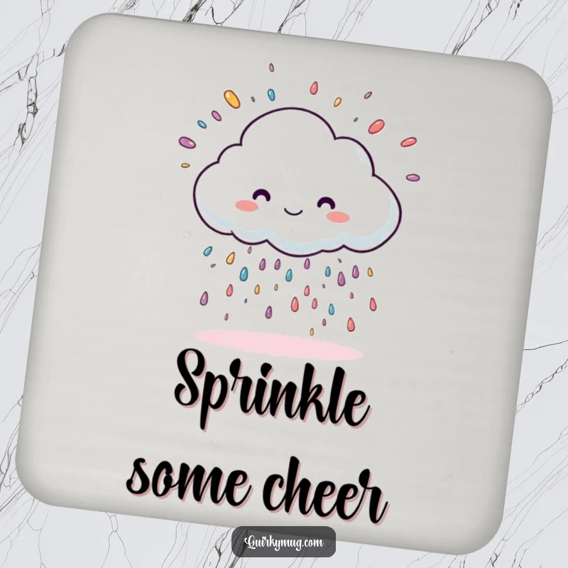 Funny cloud character raining oversized sprinkles, featured on a round drink coaster.